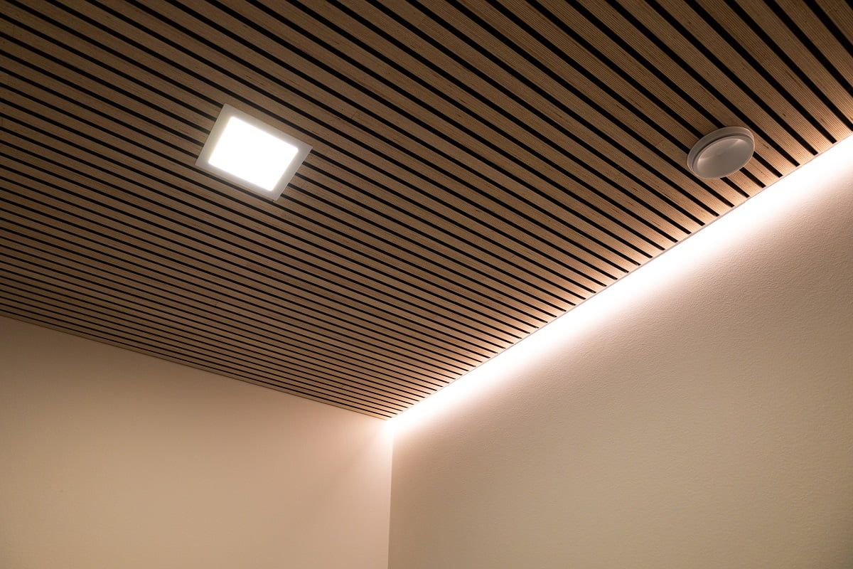 General lighting in a workroom Panel with 200 luminaires and indirect lighting from a groove left in the trim. © LedStore.fi